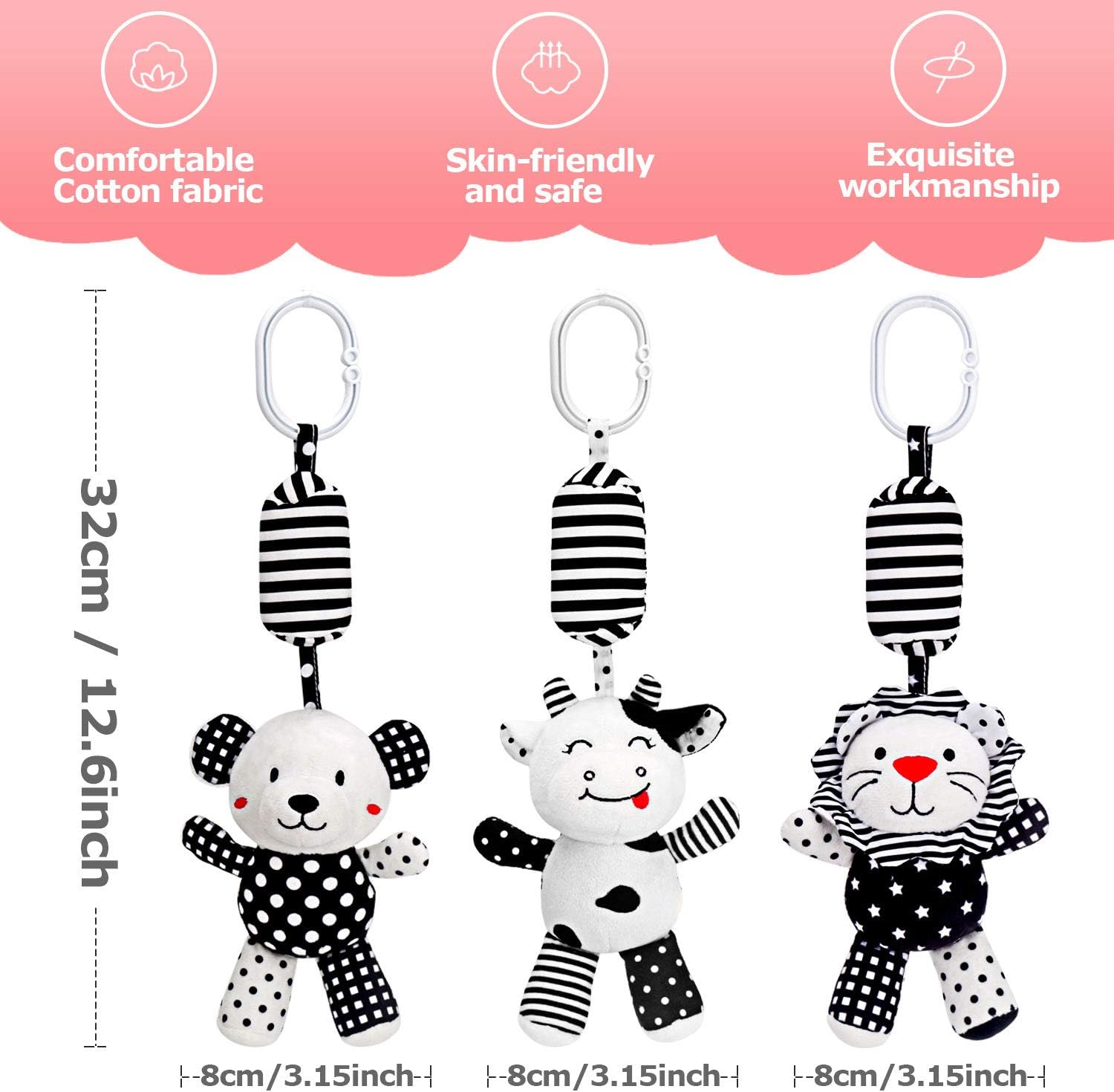 rolimate Baby Toy Cartoon Animal Stuffed Hanging Rattle Toys, Baby Bed Crib Car Seat Travel Stroller Soft Plush Toys with Wind Chimes, Best Birthday Gift for Newborn 0-18 Month (Lion, Cow & Panda): Toys & Games