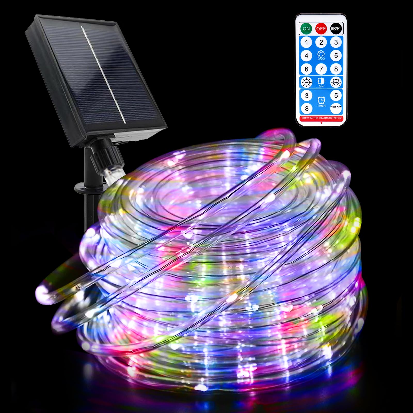 GHONLZIN Solar String Lights Outdoor Rope Lights 65.6ft 8 Modes 200 LEDs Solar Powered Waterproof Rope Lights with Remote for Garden Wedding Christmas Party Holiday Decorations (22M-Colorful)