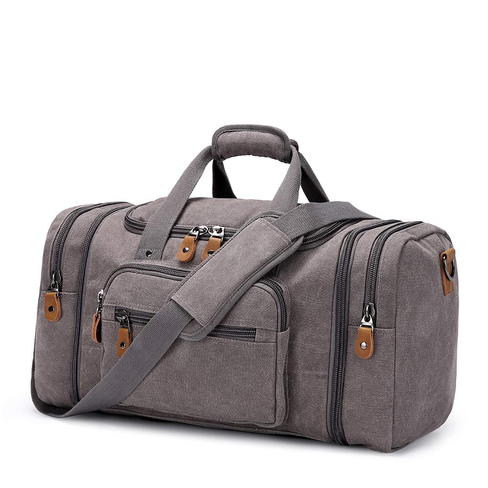 Gonex Expandable Canvas Holdall - 50L/60L Large Duffel Bag with Multi-Pockets, Overnight Weekend Bag, Unisex Weekender for Men & Women, Grey