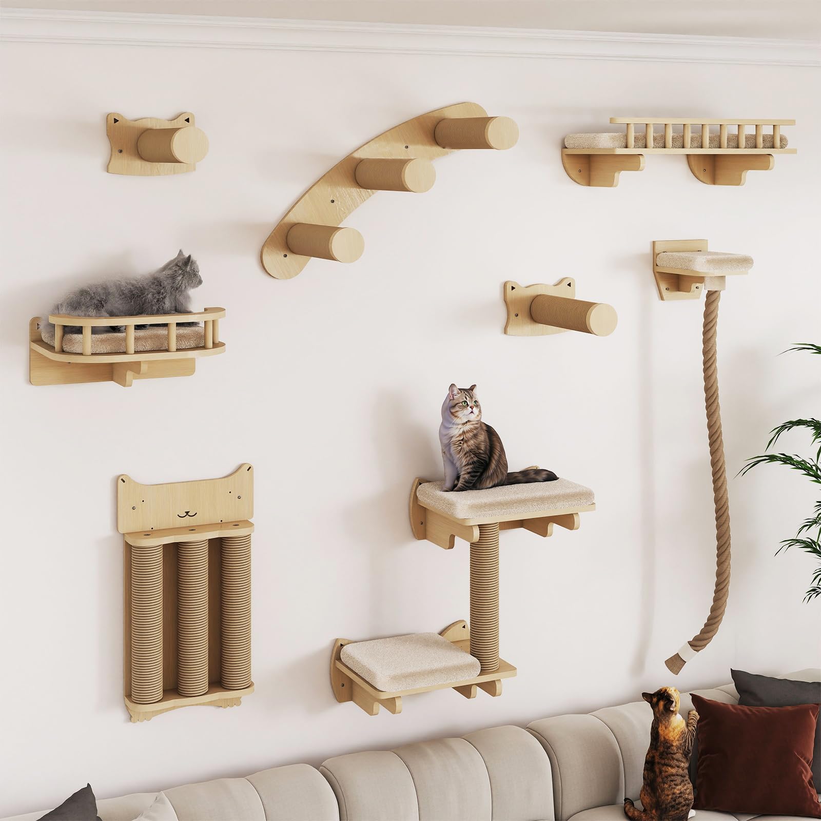 Photo 1 of **SELLING FOR PARTS AS PARTIAL SET**BYBYME 8 Pcs Cat Wall Climbing Set, Wood Cat Furniture with Scratching Posts, Kitten Perch, 100CM Sisal Rope & Cat Bed, Wall Mounted Cat Shelves for Sleeping, Playing & Relaxing?Natural Wood?