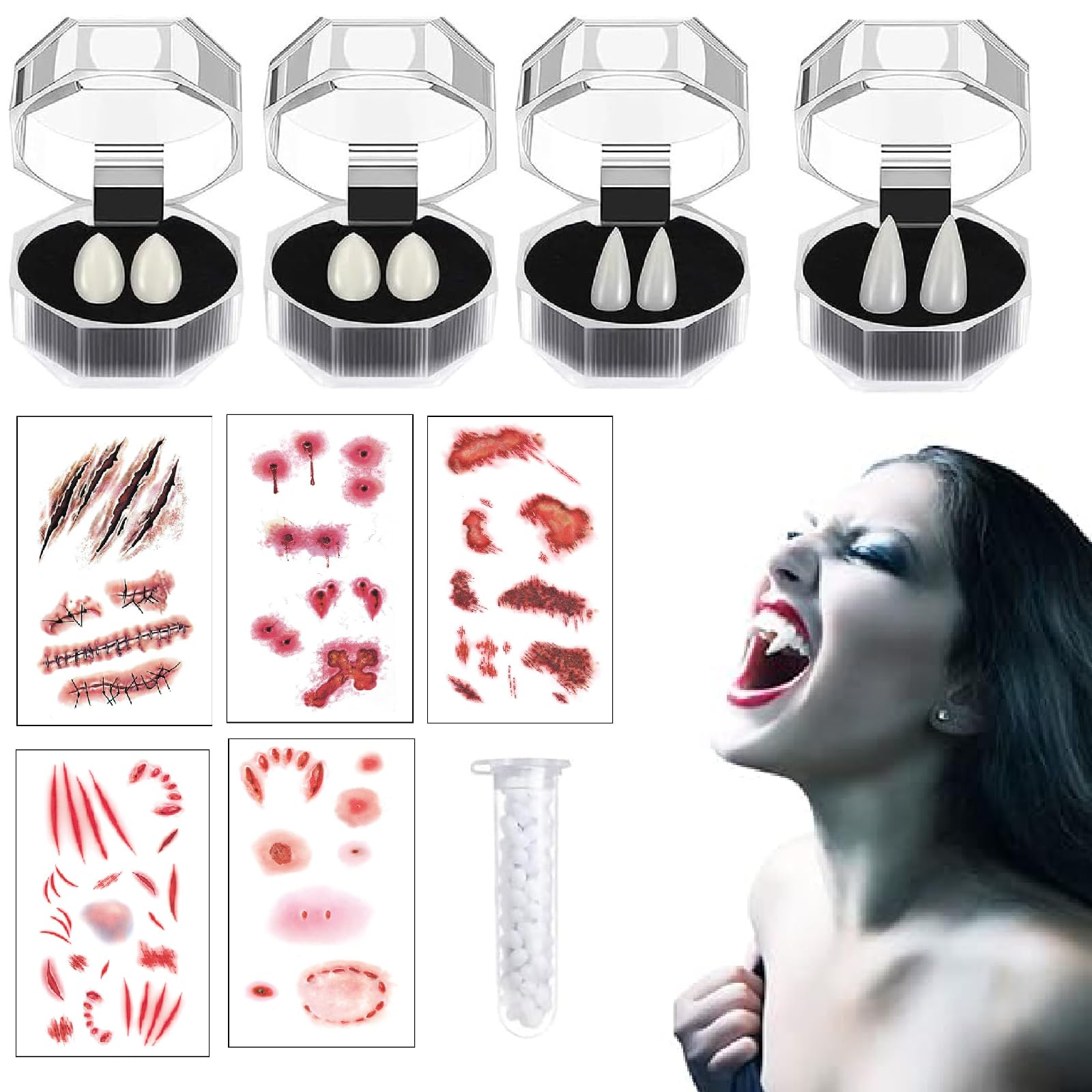 10 Piece Set Halloween Accessories, 4 Vampire Teeth,Vampire Fangs, Halloween Vampire Fangs, 5 Halloween Scar Tattoos Stickers With Fake Scab Blood, Halloween Costume for Women Makeup Props Party