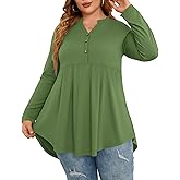 PLOKNRD Women's Plus Size Tops Long Sleeve Henley V Neck Button Up Flowy T Shirts Tunic Loose Blouses