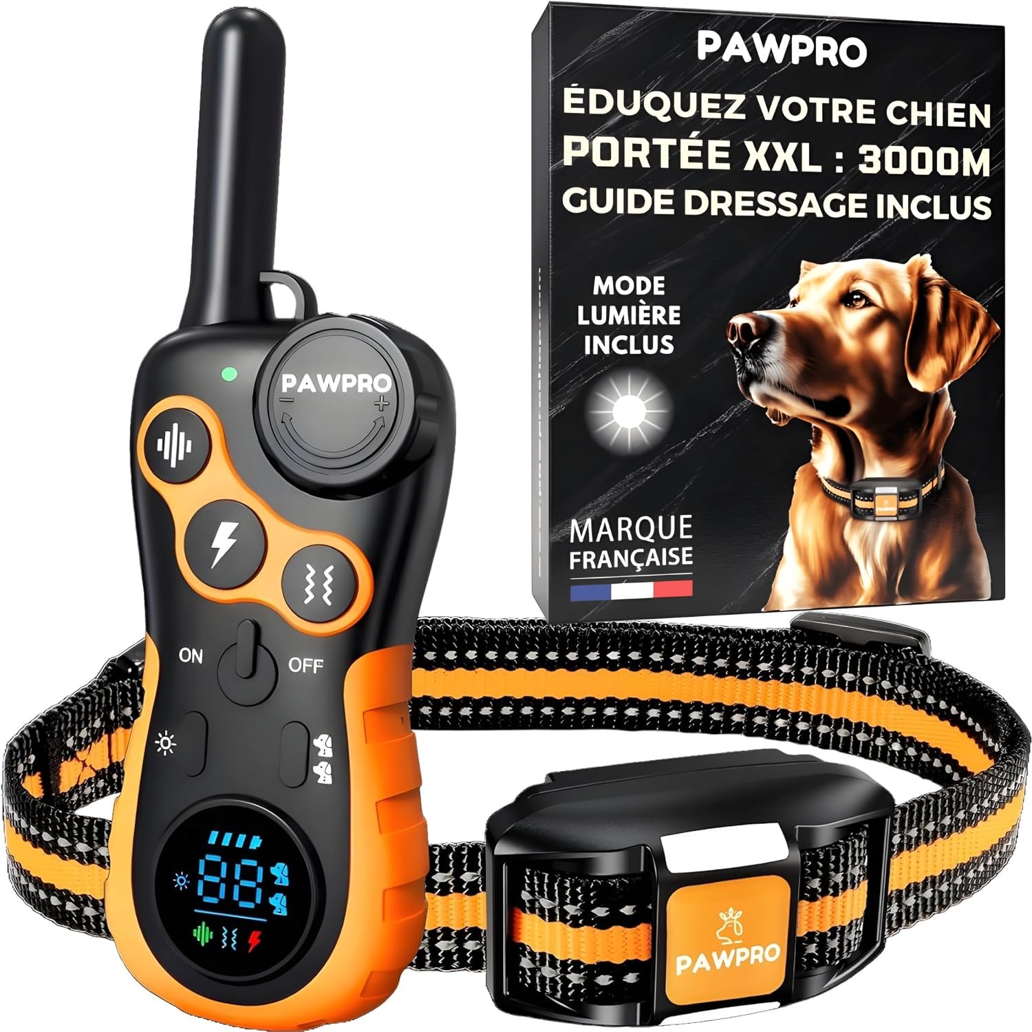 PAWPRO Collier de Dressage, Portée de 3km, Mode Lumière Nocturne, Guide de Dressage Inclus, 124 Niveaux d’Entraînement, BIP Vibration Choc, Adapté à Tous Les Chiens, Étanche Rechargeable, Marque FR