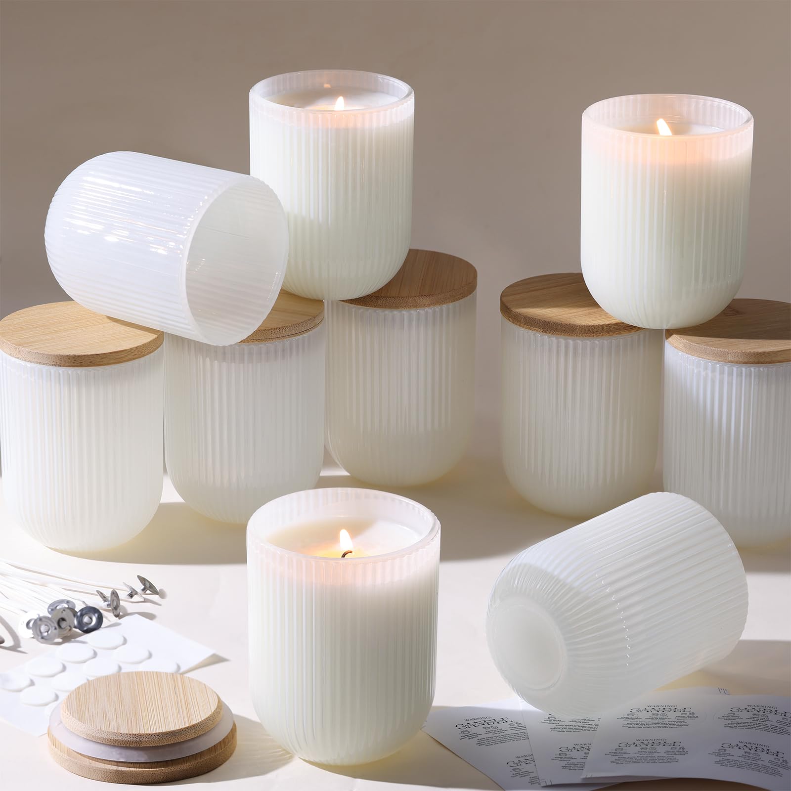 Photo 1 of REISEN 12PCS Milky White Ribbed Candle Jars for Making Candles, 8.5 OZ Empty Glass Candle Making Jars with Bamboo Lids, Candle Wick Kit and Sticky Warning Labels, Candle Vessels for Candle Making