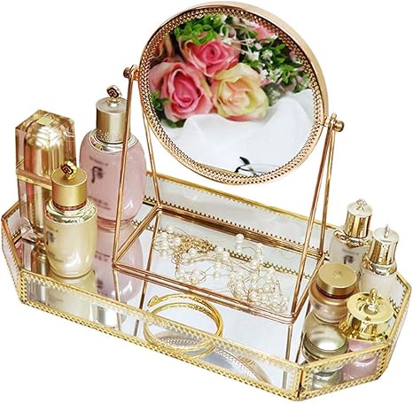 Amazon 収納ボックス コスメ スキンケアラック ガラストレー メイクアップミラーセット ゴールドカラー ガラス 銅 インテリア オンライン通販