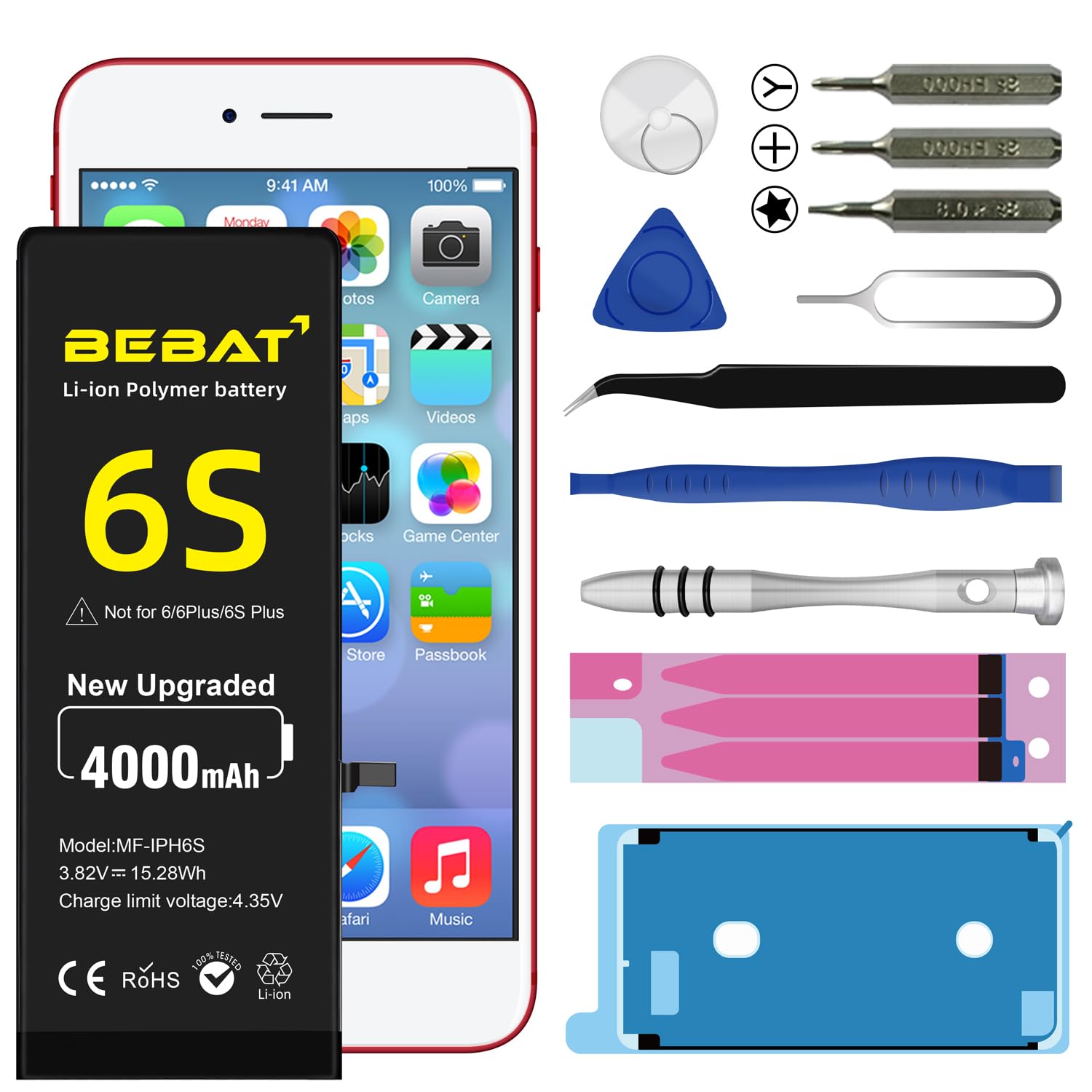 Photo 1 of BEBAT Replacement for iPhone 6S Battery, 4000mAh High Capacity Li-ion Polymer Replacement Battery for Model A1633 A1688 A1700 with Complete Professional Repair Tool