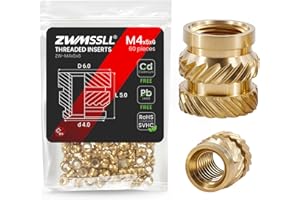 ZWMSSLL M4 Heat-Set Threaded Inserts, M4x5x6mm(60Pieces) Heat Set Insert for 3D Printing Components and Plastic Parts,Brass Metric Knurled Nuts