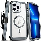 Defender for Clear iPhone 13 Pro Max Case with Belt Clip Holster, Compatible with MagSafe, Anti-Yellowing, Full-Body Phone Cover for iPhone 13 Pro Max Case (Clear & Grey)