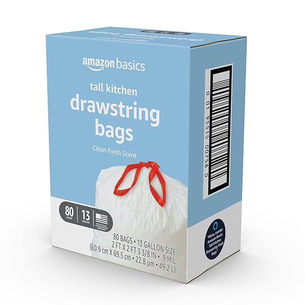 AMAZON BASICS TALL KITCHEN DRAWSTRING TRASH BAGS, CLEAN FRESH SCENT, 13 GALLON, 80 COUNT (PREVIOUSLY SOLIMO)