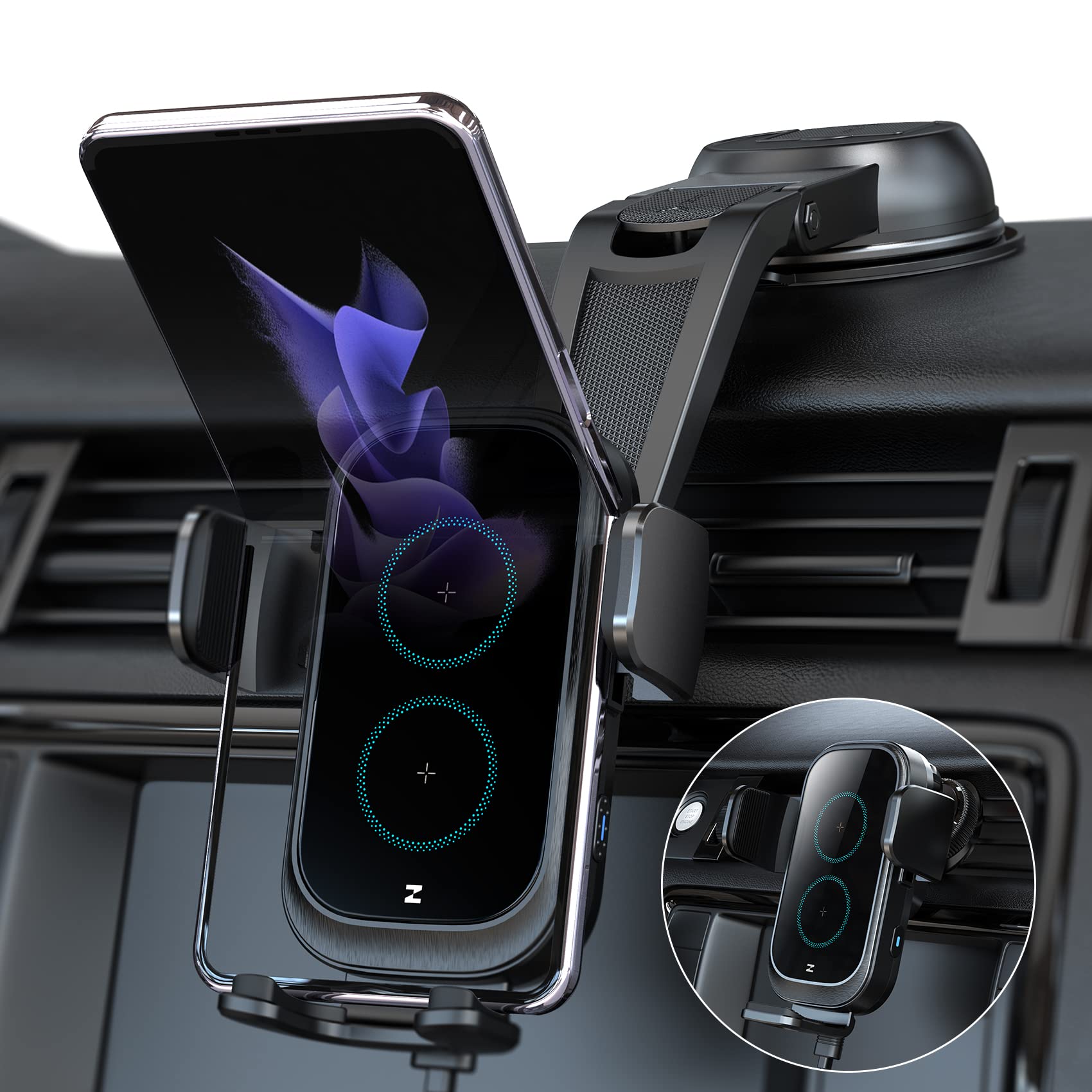 Photo 1 of Wireless Car Charger, ZEEHOO DUOXX Dual Coils 15W Fast Charging Auto-Clamping Car Mount, Dash& Vent Wireless Car Phone Charger Holder for iPhone 15 14 13 12, Samsung Z Flip 4 3, S23+, etc