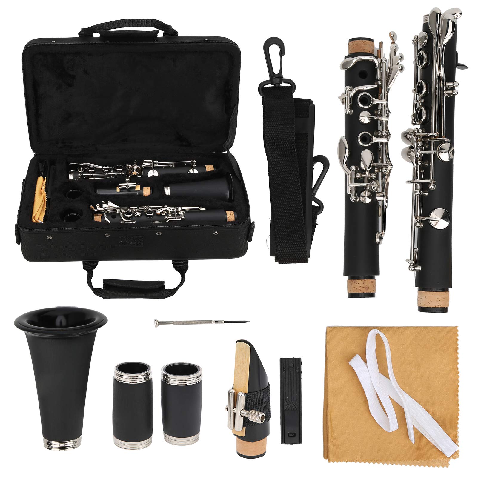 Dilwe 17 Keys Wooden Bb Clarinet Set with Cleaning Cloth Reed Box Screwdriver Musical Instrument (Black)