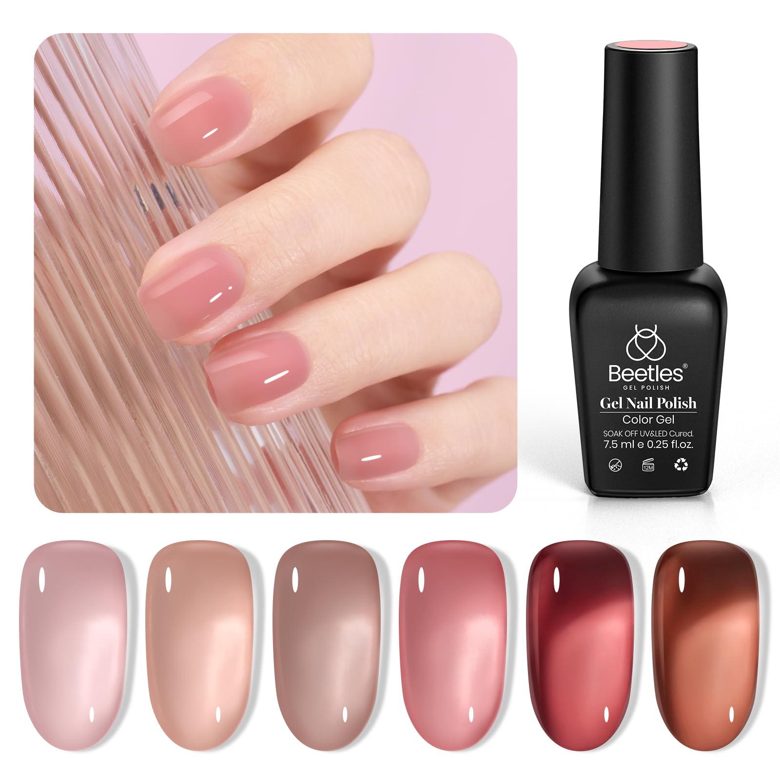 Beetles Jelly Gel Nail Polish Set, 6 Colors Nude Sheer Natural Pink Red Brown Gel Nail Polish Kit for DIY Nail Art Salon Home Gift For Women Girls