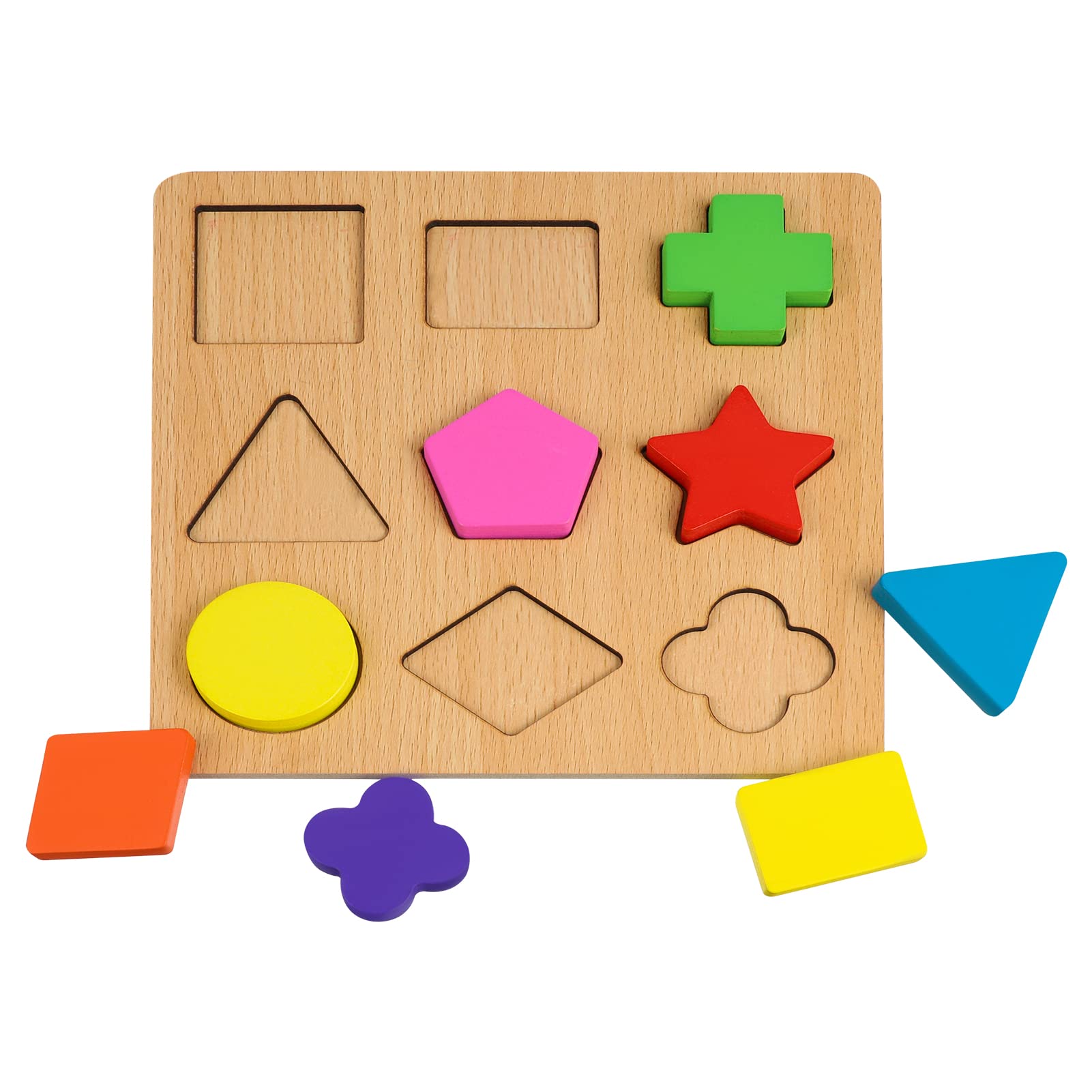 Pinenuts Kids Toys Wooden Shape Sorter Toy for 1-3 Years Old Boys Girls, Color Recognition Puzzles Toys 9 Blocks, 1 Refillable Plank, Toddler Educational Toy