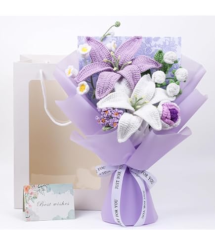 LuckyBundle Hand-Crochet Tulip Bouquet - 3 Tulips With Eucalyptus & Baby's Breath, Hypoallergenic Gift Set - View #2