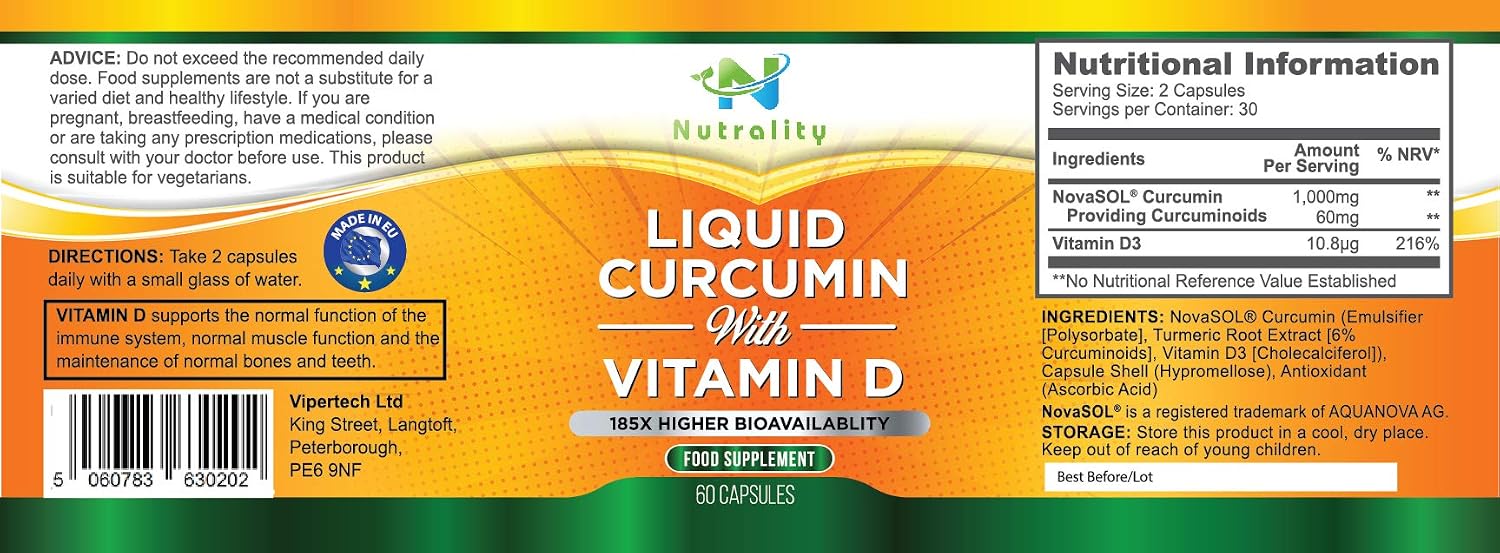 Nutrality Curcumin Turmeric Supplement 60 Vegan Liquid-Filled Capsules, 1000mg, Capsules with Vitamin D3 - Image 3