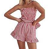 Miqil Women Ruffle Shorts Set Y2K Sleeveless Elastic Ruched Hem Tube Top Shorts 2 Piece Cute Summer Lounge Suit Streetwear