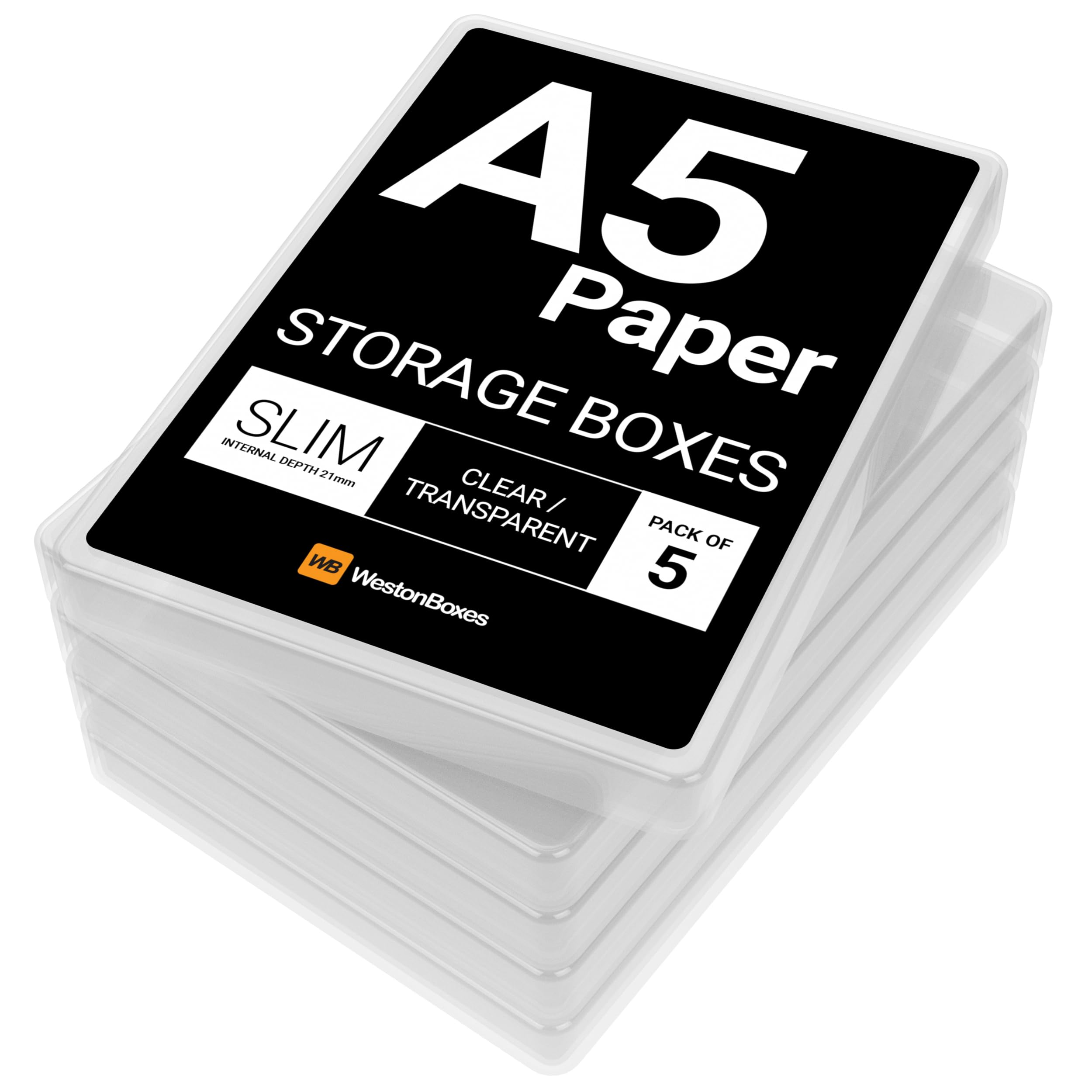 WestonBoxes A5 Slim Plastic Presentation Boxes with Lids for A5 Paper and Cardmaking Supplies (Pack of 5, Clear (Transparent))