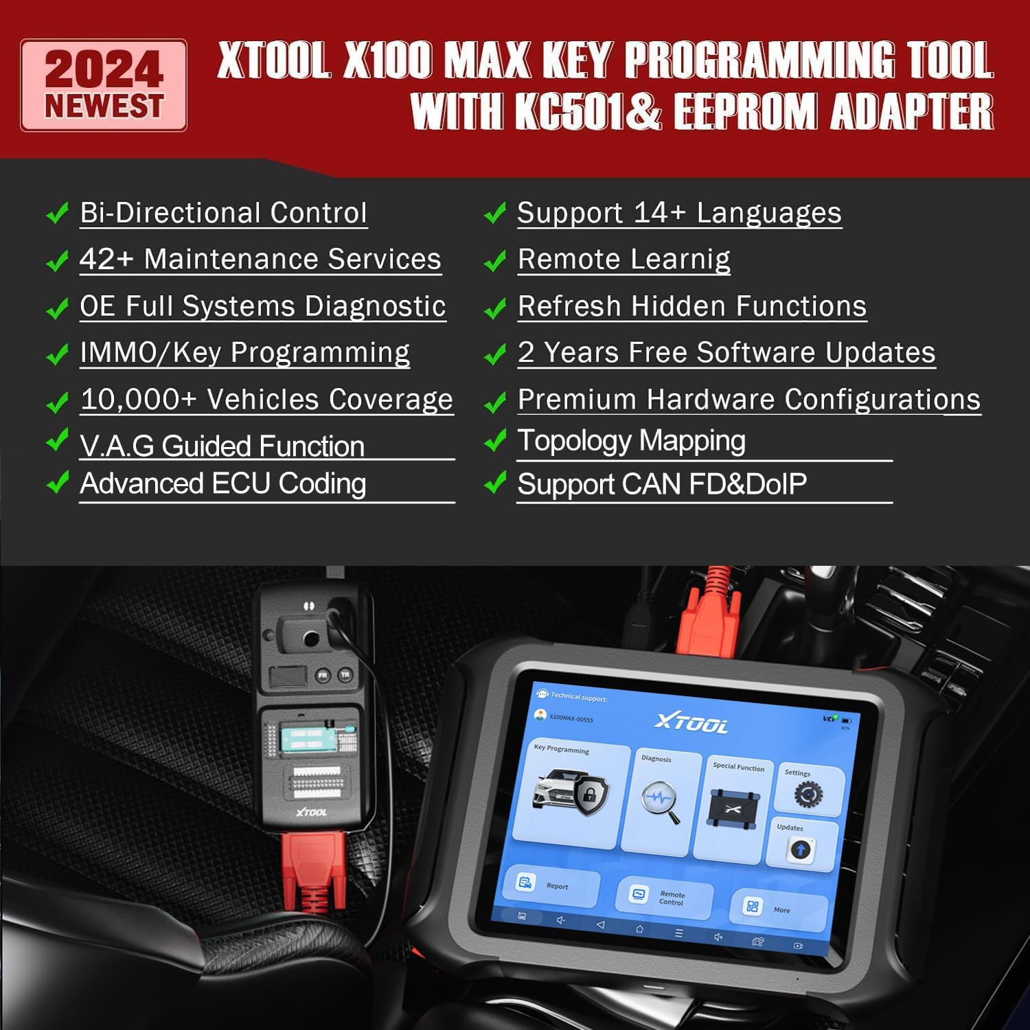 XTOOL X100 MAX アドバンスドキープログラミングツール KC501+ EEPROMアダプター + アダプターキット付き 読み取りピン トポロジーマッピング ECUコーディング 双方向制御 35以上のサービス 2年更新 CANFD