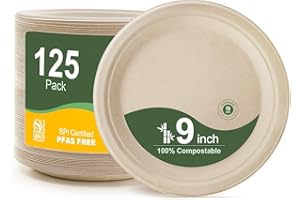 WELLIFE 100% Compostable Paper Plates 9 Inch, 125-Pack Heavy Duty Paper Plates Bulk,Biodegradable Bagasse,Eco-Friendly Dispos