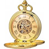 Kchss Mechanical Roman Numerals Dial Skeleton Pocket Watches with Box and Chains for Mens Women