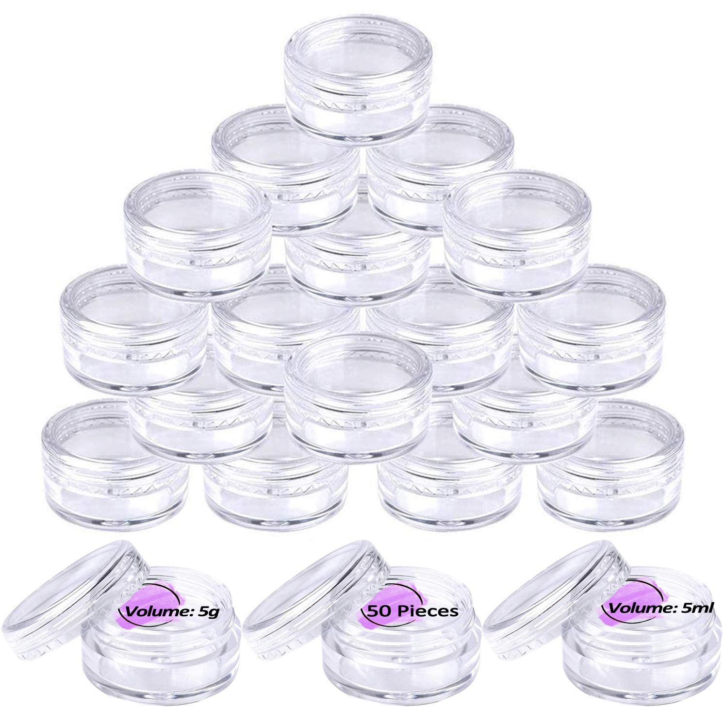 50 Pieces Sample Pots, Empty Cosmetic Jars Set Clear Round Travel Pots for Creams and Powder, 5g/5ml Small Sample Containers Plastic Jars with Lids for Women Make-Up Glitter Nail Art Storage Bottles