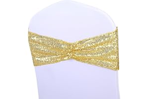 SQUAREPIE SquarPie Pack of 50 Chair Sashes Bands Gold Stretch Spandex One-Sided Sequin Chair Back Cover Ties Bows for Wedding Party Fiesta Decor