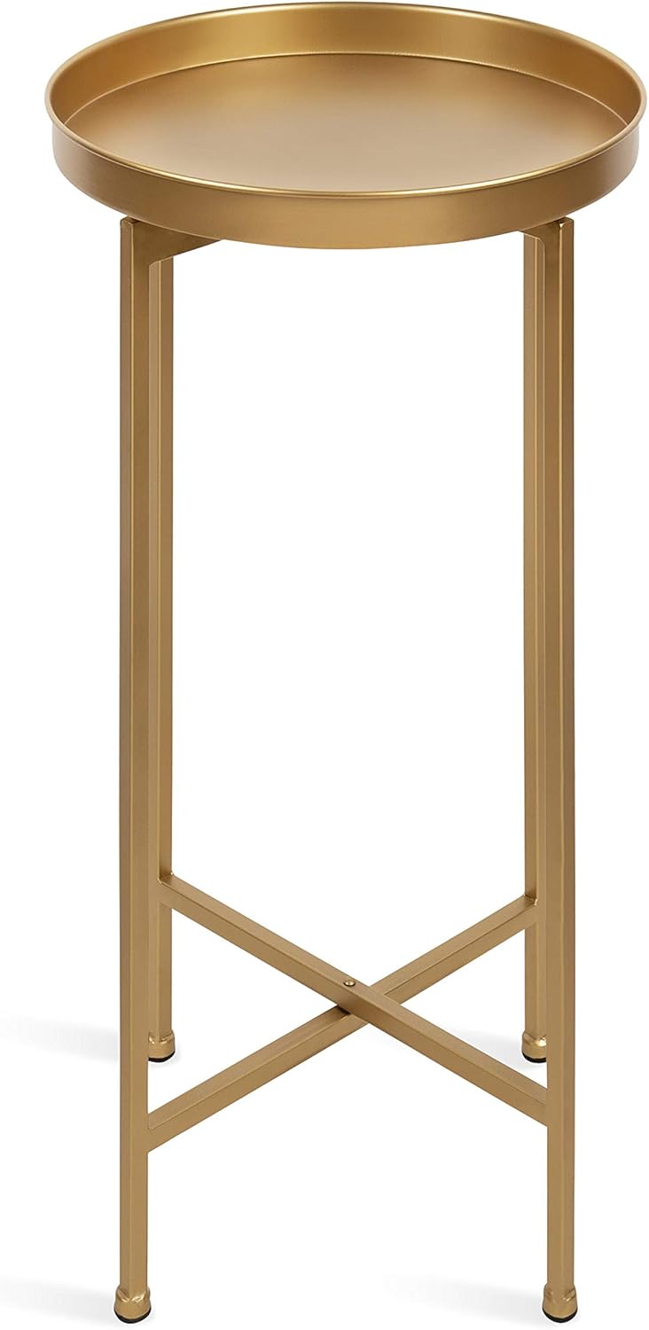 Kate and Laurel Celia Round Metal Foldable Accent Table with Tray Top, Gold: Furniture & Decor