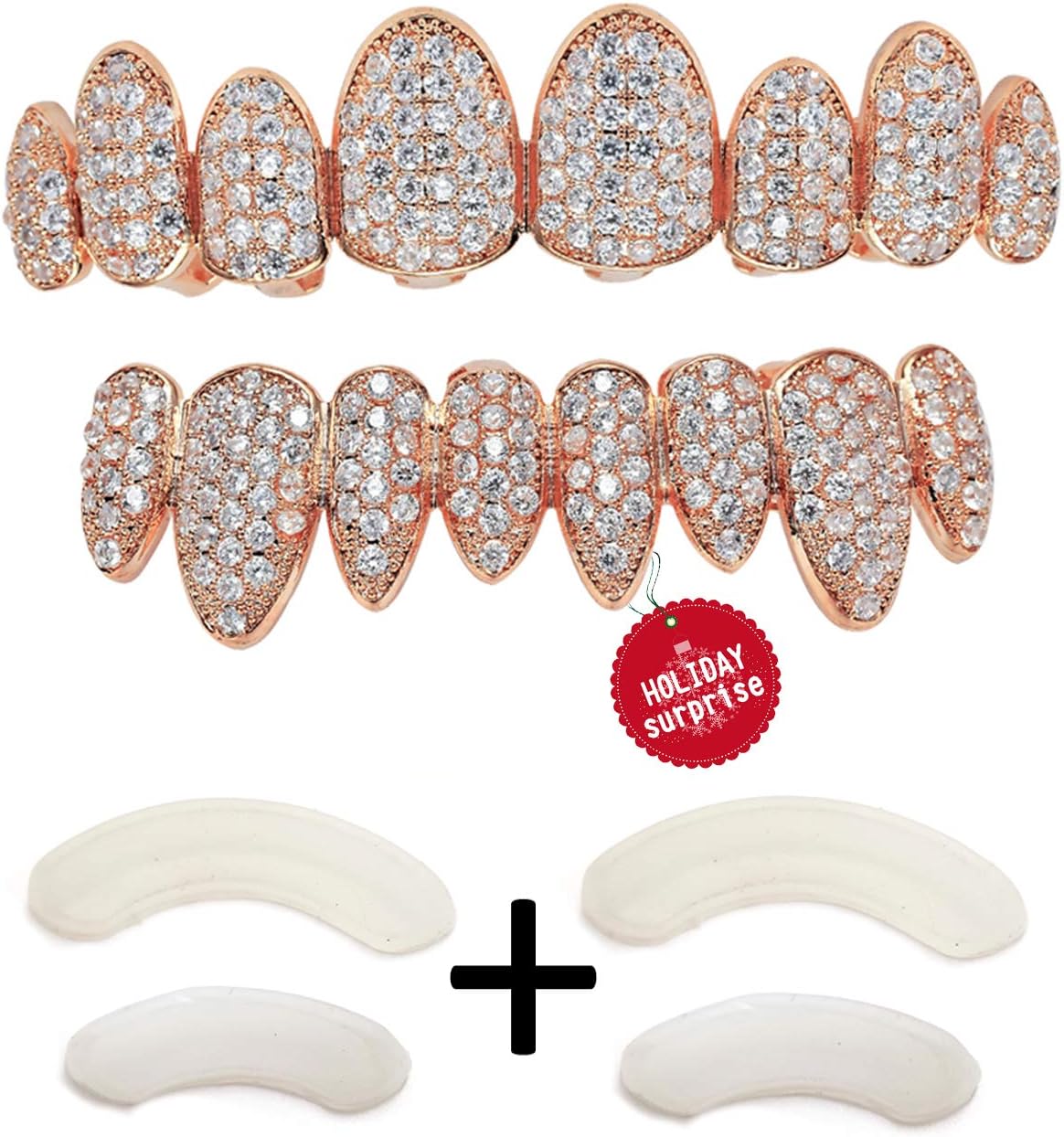 TSANLYGold Grillz Iced Out CZ Diamond Top & Bottom Set Grill 24K Gold Plated Macro Pave Teeth Grills - Extra Molding Bars Included + Storage Case + Microfiber Cloth