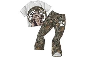 VIPWOLF Boy's 2 Piece Outfits Short Sleeve Graphic Tees and Camo Sweatpants Tracksuits