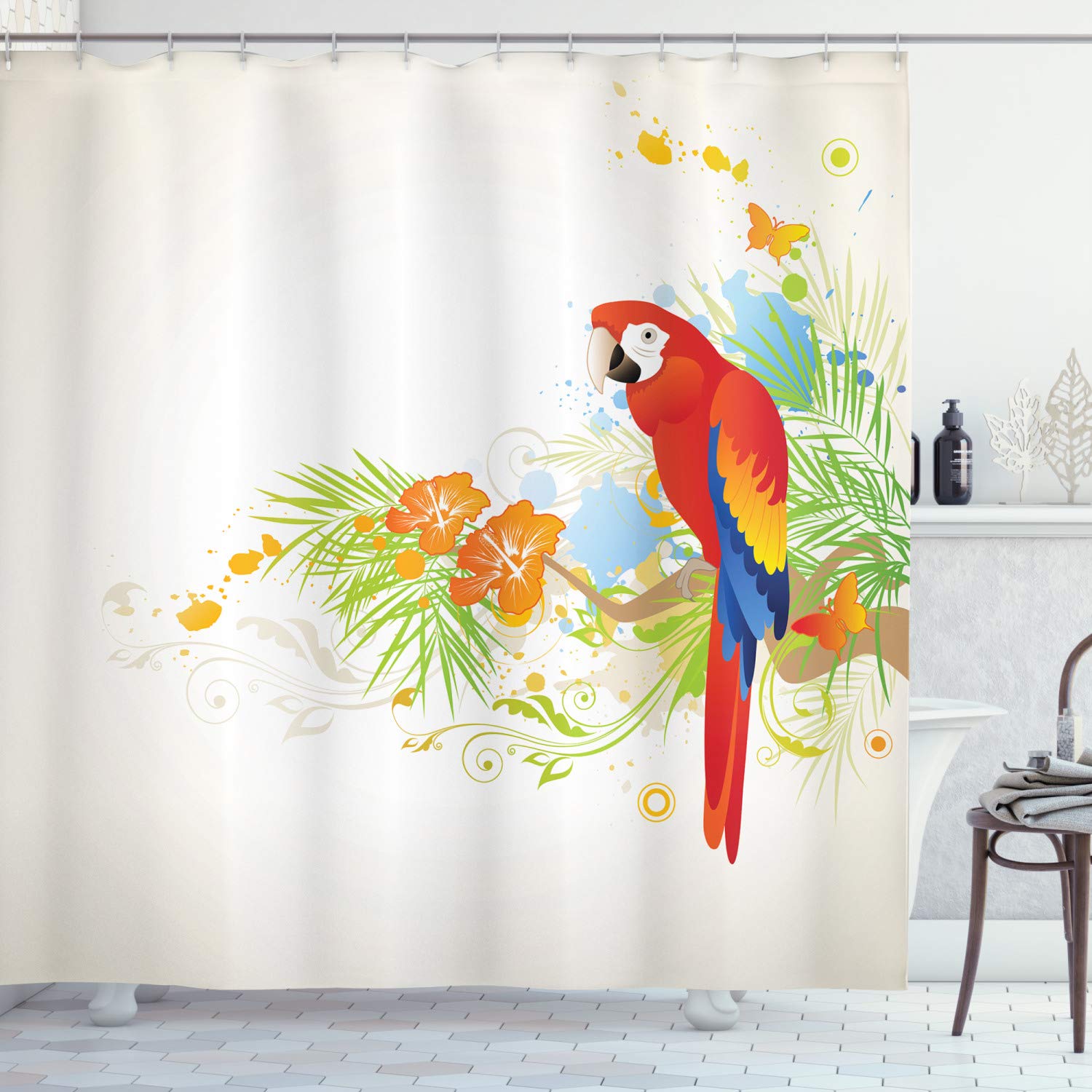 ABAKUHAUS Parrot Shower Curtain, Summer Background with Floral Ornaments and Wise Smart Parrot on Tree Branch, Cloth Fabric Bathroom Decor Set with Hooks, 175 x 180 cm, Cream Red Green