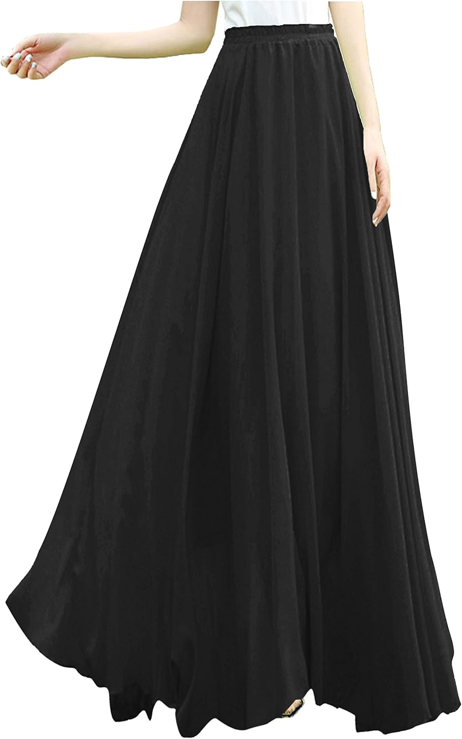 v28 Women Full/Ankle Length Elastic Pleated Retro Maxi Chiffon Long Skirt at  Women’s Clothing store