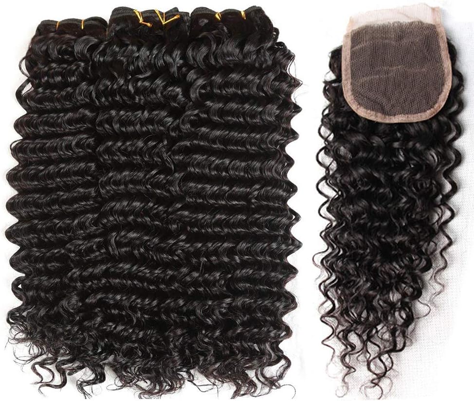 Deep Wave Bundles With Closure 3 Bundles with Lace Closure Free Part 100% Unprocessed Brazilian Virgin Human Hair Weave Extensions Bundles and Closure (16 18 20+14inch closure) …