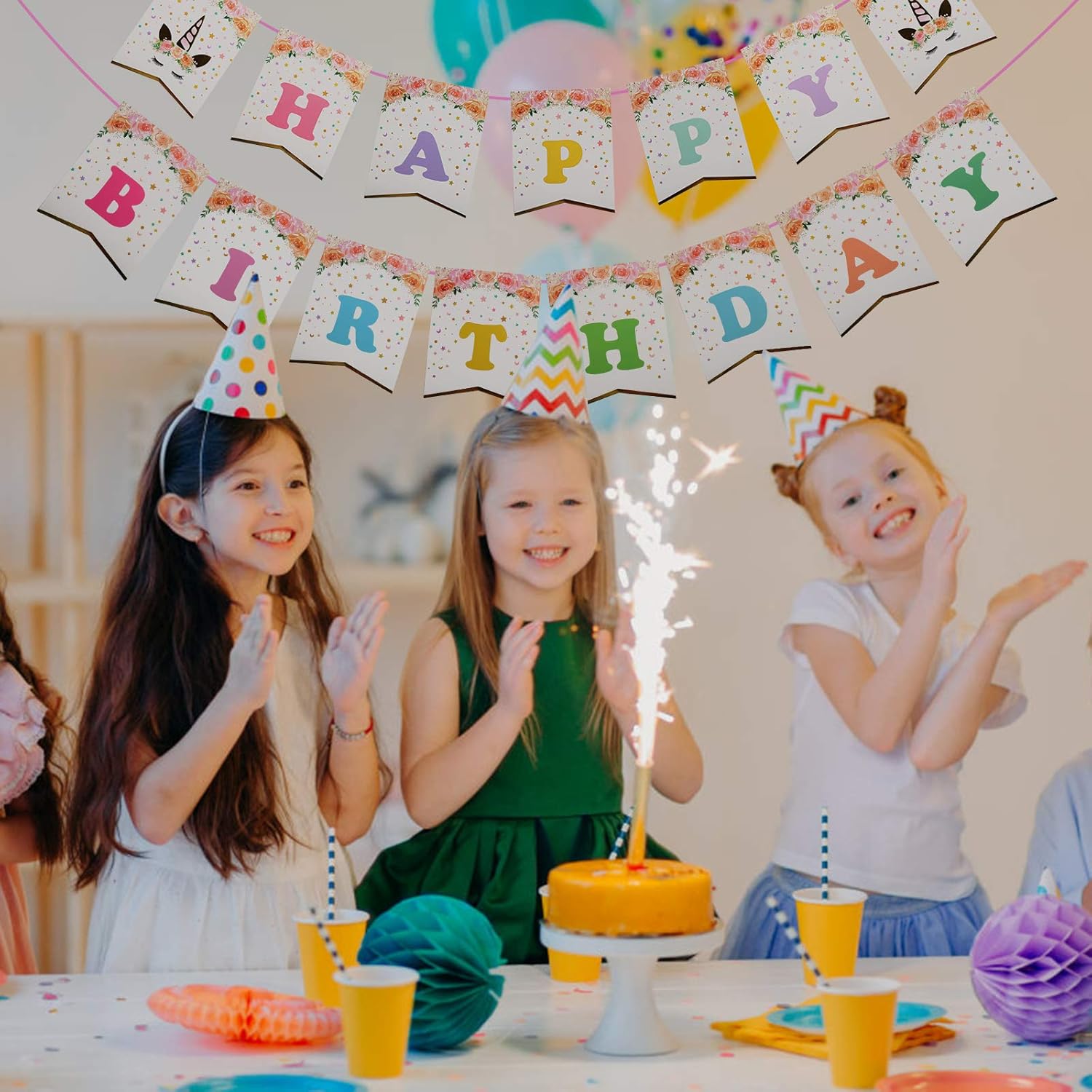 Zoomsky Decoration Anniversaire Licorne Banniere Banderole Happy Birthday Avec 6 Pcs Eventail Papier Rose Joyeux Anniversaire Fournitures De Fete Enfants Adulte Filles Garcon Bebe Baby Shower Decorations Et Accessoires De Fete Loisirs