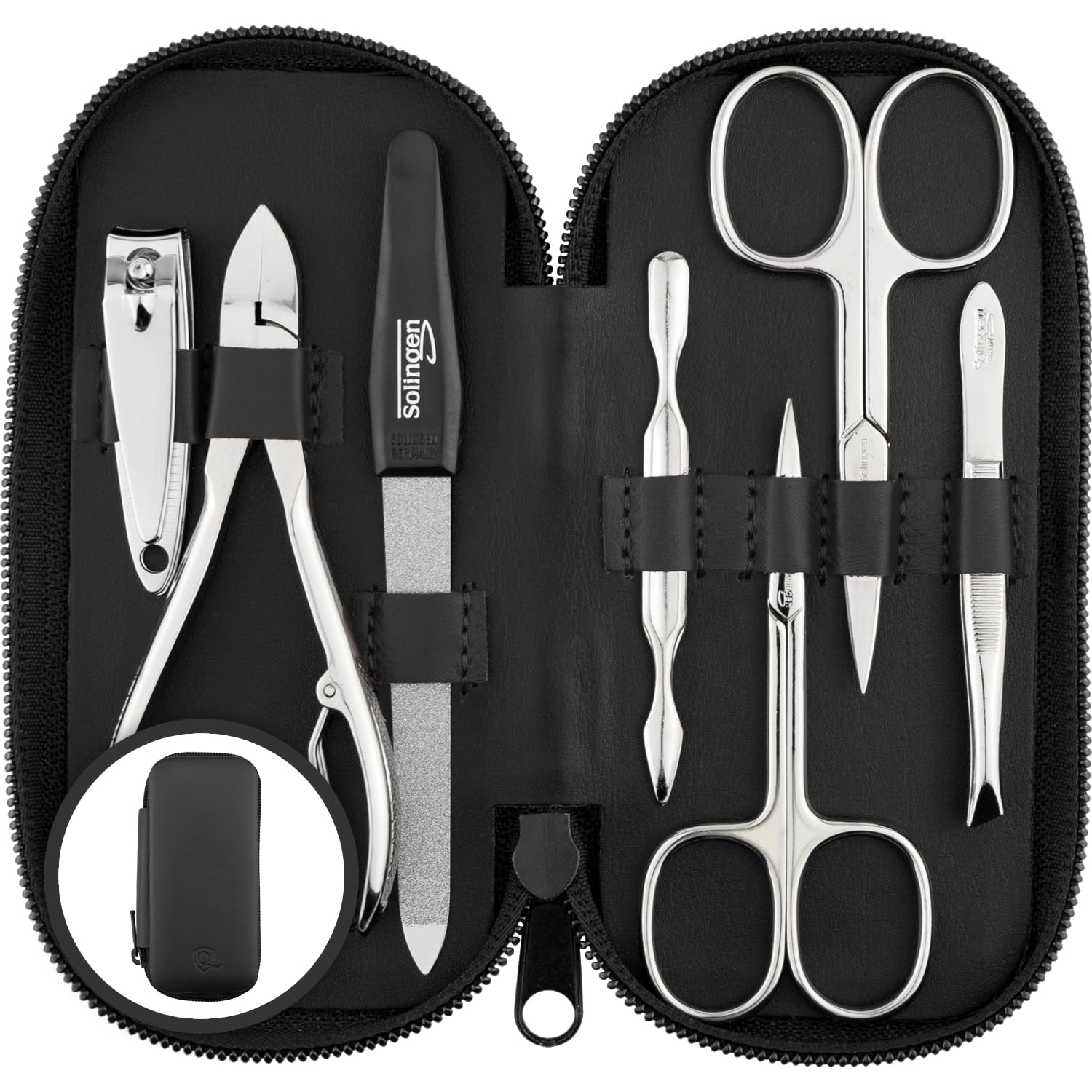 Solingen Manicure Set for Women & Men - 7-Piece Pedicure Kit Made in Germany with Nail Nippers - Elegant and Handy Fashion Leather Case - Ideal as a Gift, for Travelling or Home Use, Black
