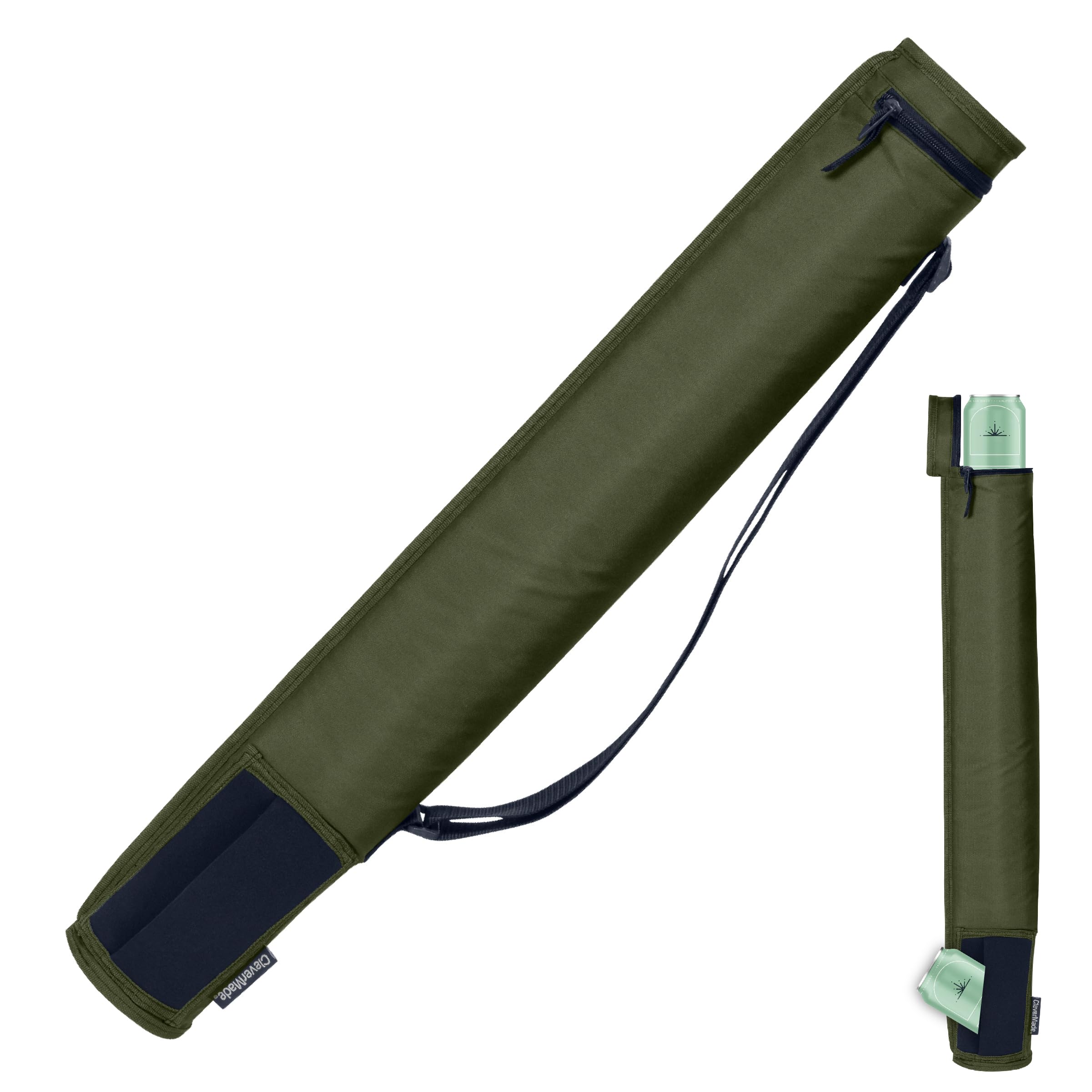 CleverMade 6 Can Cooler Sleeve - Insulated 6-Pack Cooler Tube with Adjustable Shoulder Strap, Easy Access Can Opening, and Neoprene Storage Pocket - Olive/Navy