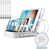 Multi Device Charging Station with Switch JZBRAIN 5 Ports Total 40W for Apple Samsung etc Cellphones and Tablets (White, 5 Short Cables Included)