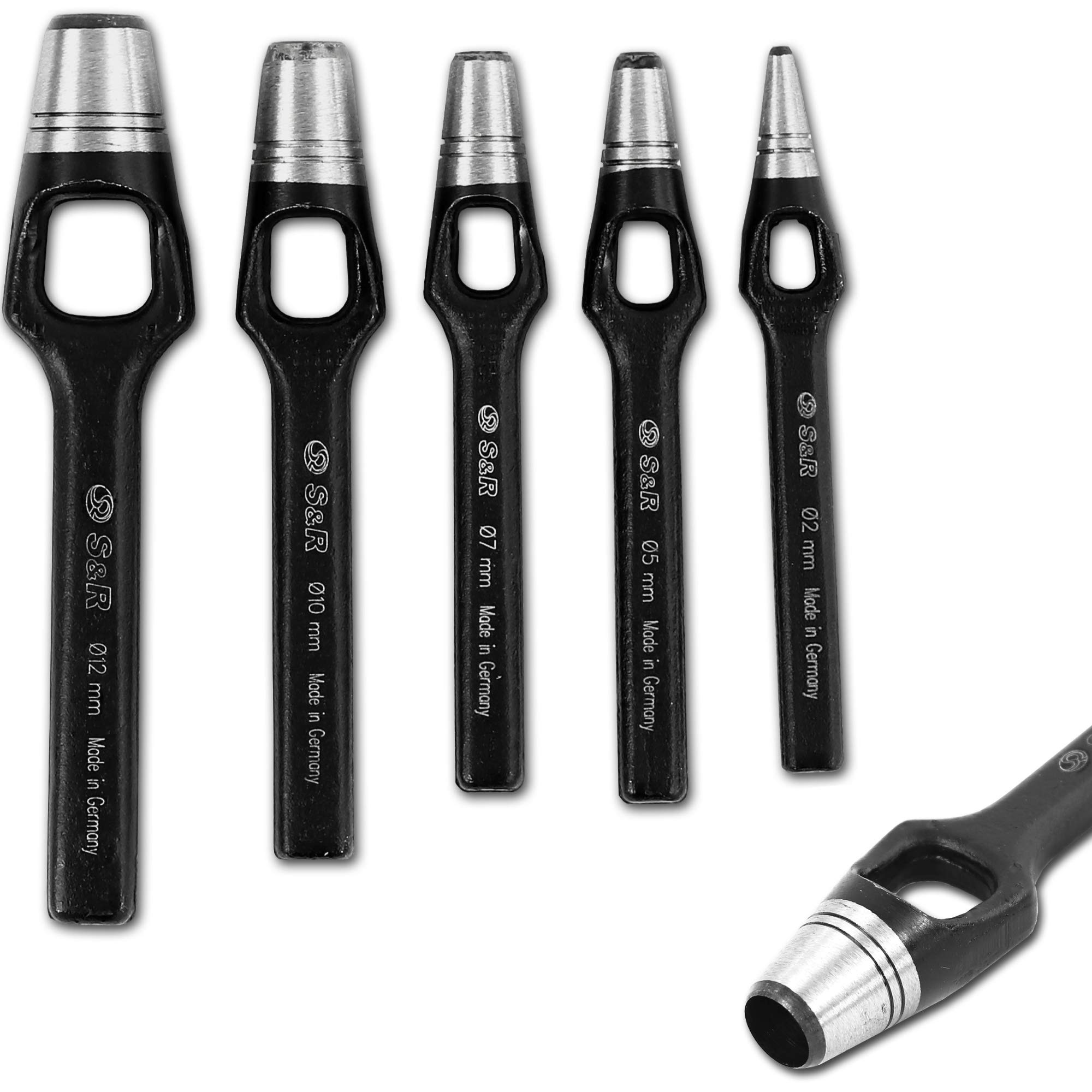 S&R Hole Punch Set with Ergo Handle: 2, 5, 7, 10, 12 mm/Made in Germany/Chrome Vanadium Steel