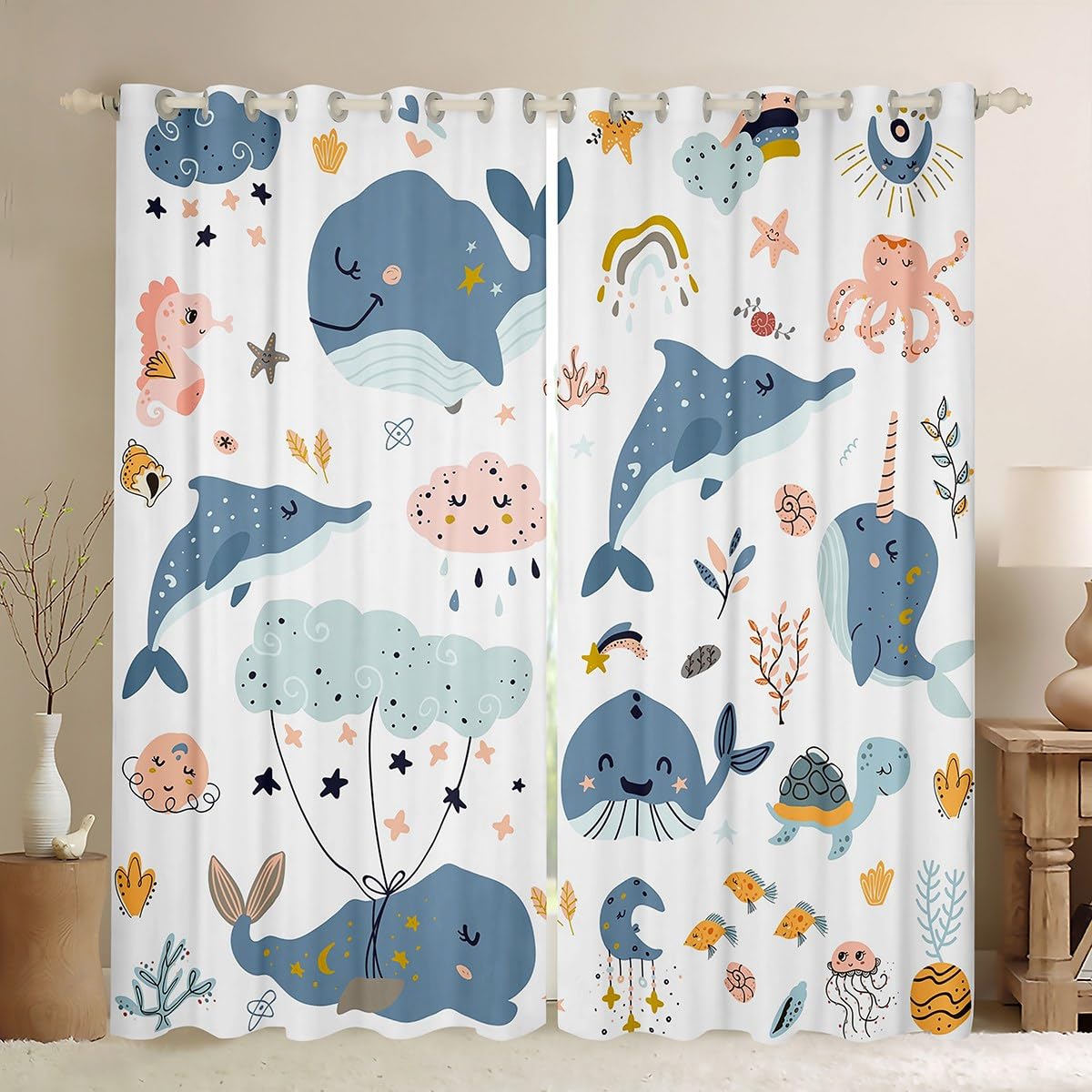 Manfei Whale Blackout Curtain Dolphin Octopus Turtle Fish Window Treatments, Cartoon Rainbow Clouds Window Drapes for Kid Girl Room Decor Grommet Top 2 Panel Set Bedroom Curtains, 46Wx54L inch