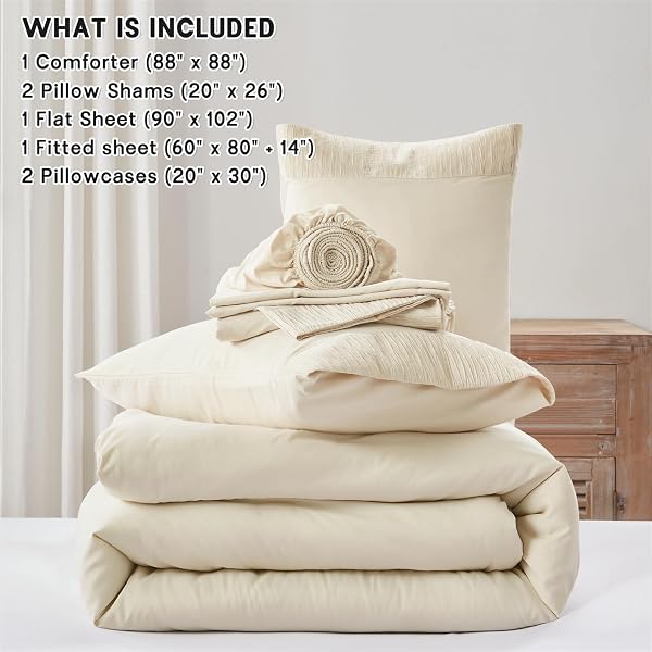 ANLUOER CREAM QUEEN COMFORTER SET 7 PIECES, BED IN A BAG WITH SHEETS, ALL SEASON BEDDING SETS WITH 1 COMFORTER, 2 PILLOW SHAMS, 2 PILLOWCASES, 1 FLAT SHEET, 1 FITTED SHEET