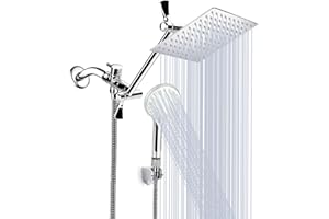 10 Inch High Pressure Rainfall Shower Head/Handheld Shower Combo with 11 Inch Extension Arm, 9 Settings Adjustable Anti-leak 