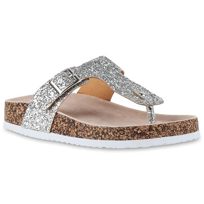 Stiefelparadies Damen Sandalen Zehentrenner Korkoptik Glitzer Flandell