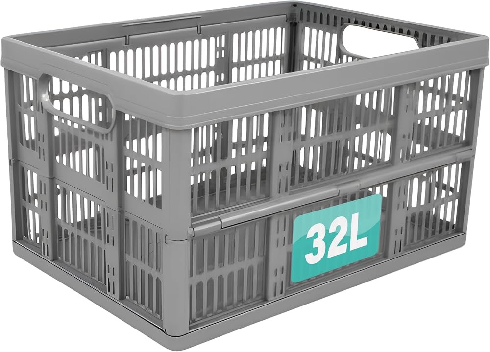 Optimal Products 32L Collapsible Plastic Storage Crates Boxes Stackable Basket