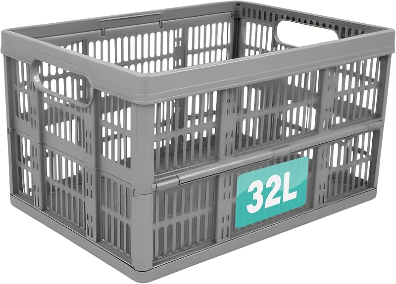 Optimal Products 32L Collapsible Plastic Storage Crates Boxes Stackable Basket