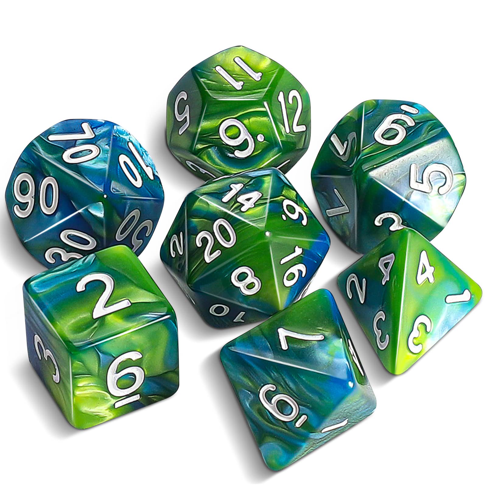 QMAY DND Dice Polyhedral Dice Set - 7 Pieces for Dungeon and Dragons MTG RPG D&D D20, D12, D10, D%, D8, D6, D4 (Blue mixed Green) — image 1