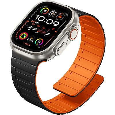 SNBLK Magnetic Watchband Compatible with Apple Watch Ultra 3/Ultra 2 Band for Men 49mm 44mm 45mm 46mm 42mm, Silicone Sport Loop Strap Wristbands for iWatch Series 11 10 SE 9 8 7 6 5 4 1, Black/Orange