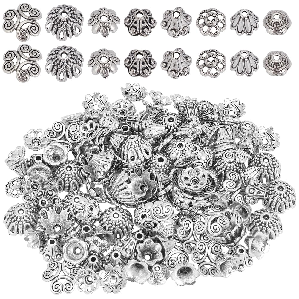 SOFPLATE 1 Box 240Pcs Flower Bead caps Spacer Bead End Caps Bulk Alloy Textured Tibetan Style Small Antique Silver Stoppers Bead End caps for Jewellery Making Necklaces Bracelets Earrings Supplies DIY