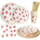MaitianGuyou Strawberry Theme Party Tableware Set,Baby Shower Dinnerware Decoration Supplies Including Plates,Napkins,Cups and Straws for Fruit Party,Wedding,Birthday - Serve 20 Guests