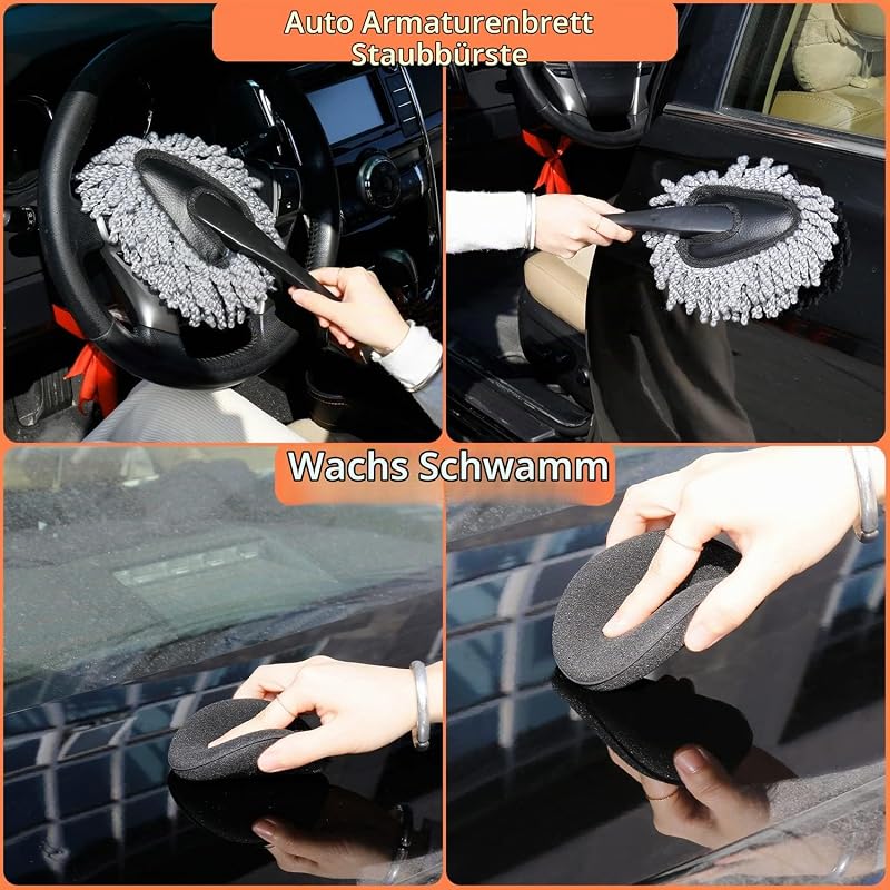 Auto Reinigungsset, Autowaschset Auto Set, 17 Stück Auto Autopflege für Auto Reinigung Innenraum und Außen, Armaturenbrett, Lüftungsschlitz, Motor, Räder, Autopflege-Geschenkset (Orange)