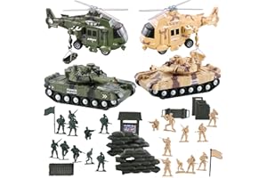 Vokodo 5 Pack Armed Forces Vehicle Bundle Toy Playsets, Friction Power Vehicles Includes Helicopter, Tank and Army Figurines, Military Car, Truck Pretend Play Toys Toddler Kids Boys