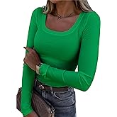Roselux Womens Long Sleeve Scoop Neck Ribbed Knit Fitted Casual Tops Tee Slim Basic Shirts